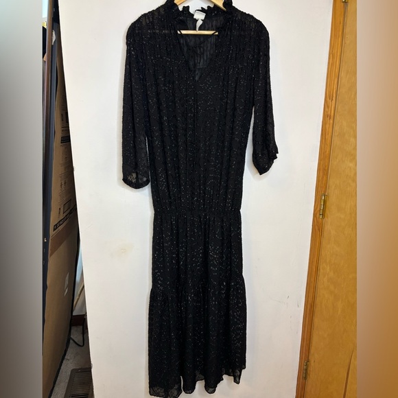 H&M Black Metallic Semi Sheer Tiered Whimsy Goth Midi Dress - Picture 2 of 9